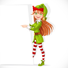 Poster - Cute Santa helper girl shows on a white blank banner