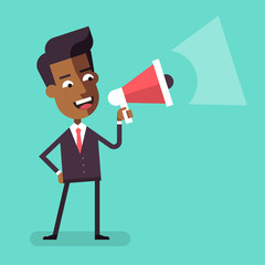 handsome african american businessman in formal suit holding megaphone and shouting in it. cartoon c