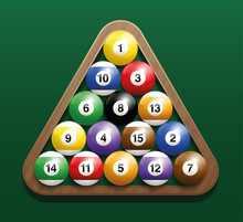 Pool Billiard Balls In A Wooden Rack - Commonly Used Starting Position. Three-dimensional Isolated Vector Illustration On Green Gradient Background.