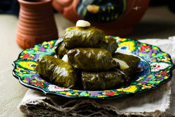 Canvas Print - dolma from grape leaves.