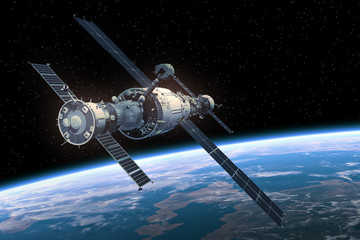 Wall Mural - space station orbiting earth. 3d scene.