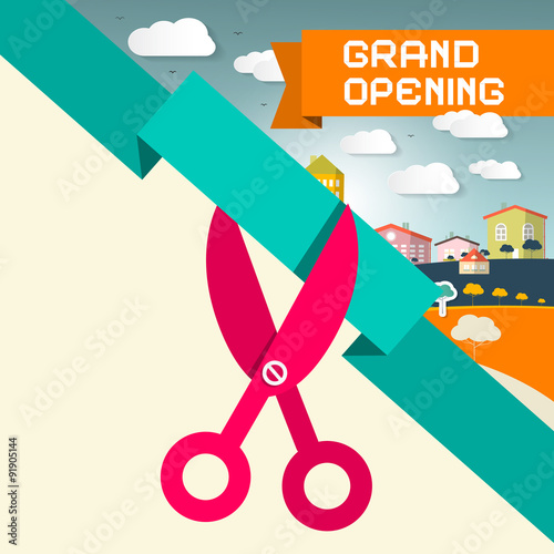 Fotografía Grand Opening Title with Scissors and Town