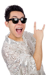 Young man in silver shirt isolated on white