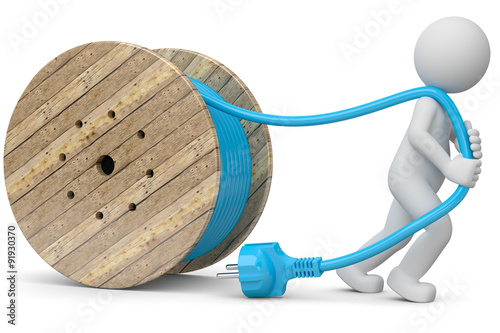 Fotografie, Obraz 3d Männchen mit Stecker und Kabeltrommel