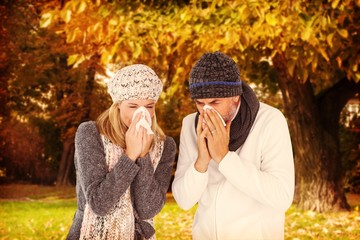 Wall Mural - Composite image of couple sneezing in tissue