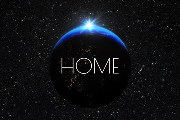 Poster - Planet earth with sunrise. Text label Home