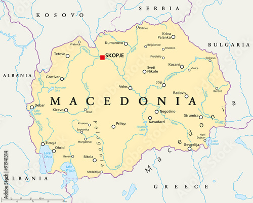 Fototapeta na szkło Macedonia political map with capital Skopje, national borders, important cities, rivers and lakes. English labeling and scaling. Illustration.