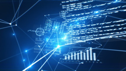 Canvas Print - Business Network in Cyber Space Perfect Flight Seamless. Blue Graphs and Text. Looped 3d Animation. HD 1080.