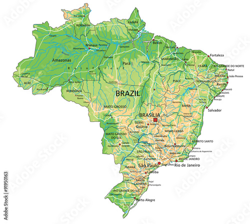 Cuadros en Lienzo High detailed Brazil physical map with labeling.