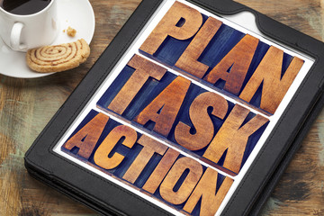 Wall Mural - plan, task, action words on tablet