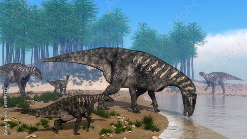 Nowoczesny obraz na płótnie Iguanodon dinosaurs herd at the shoreline - 3D render