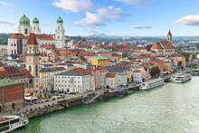 Aerial View Of Passau With Danube River, Embankment And Cathedral, Bavaria, Germany