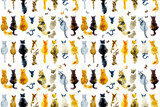 Fototapeta Koty - Cats and butterflies seamless background. Watercolor hand drawn illustration