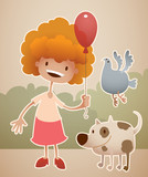 Fototapeta Dinusie - Vector girl with the dog and pigeon on the street on a gray background. 