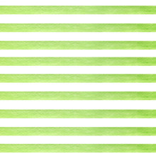Colorful Hand Drawn Real Watercolor Seamless Pattern With Green Horizontal Strips. Abstract Grunge Seamless Pattern. Strips On White Background.