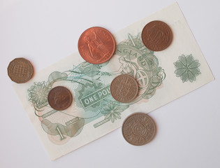 Wall Mural - one Sterling Pound note, circa 1970, and coins