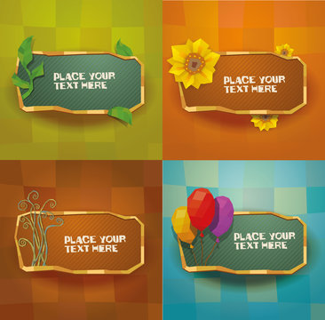 Vector floral banners set on a green-orange-brown-blue background. The text is written in curves.