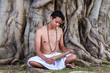 A young brahmin reads an ancient Hindu scripture under a banyan tree in India 