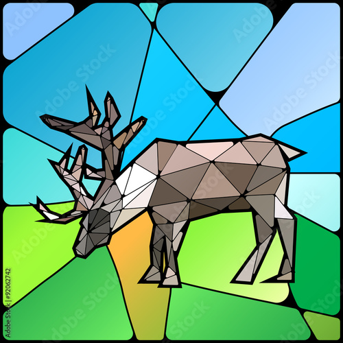 Naklejka ścienna Illustration of colourful stained glass with deer on landscape