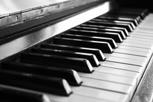 Close-up Of Piano Keys. Close Frontal View Bw