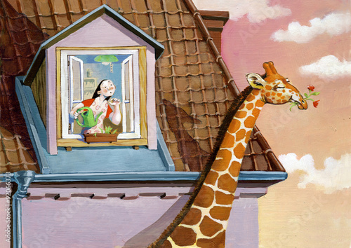 Photo giraffe reality and dream in a girl life surreal illustration