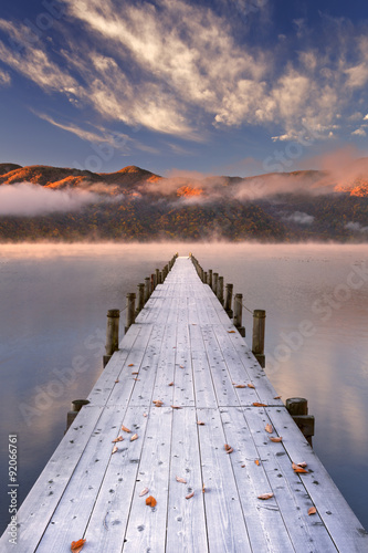 Naklejka na meble Jetty in Lake Chuzenji, Japan at sunrise in autumn