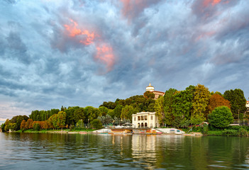 Wall Mural - Turin (Torino), river Po and Monte dei Cappuccini at sunset