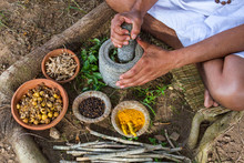 A Young Man Preparing Ayurvedic Medicine In The Traditional Manner In India
