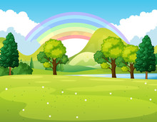 Nature Scene Of A Park With Rainbow
