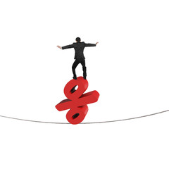 Wall Mural - Businessman standing on red percentage sign balancing tightrope