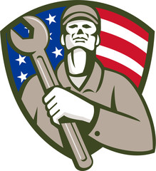 Wall Mural - Mechanic Holding Wrench USA Flag Shield Retro