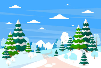 Wall Mural - Winter Forest Landscape Christmas Background, Pine Snow Trees