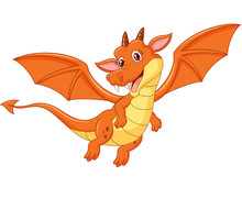 Cartoon Cute Orange Dragon Flying Isolated On White Background
