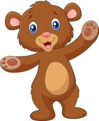 cartoon happy baby brown bear waving hand