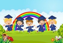 Happy Little Kids Celebrate Their Graduation With Nature Background