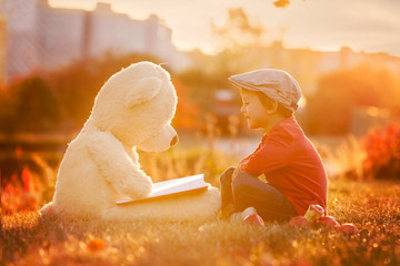 Sticker - Adorable little boy with his teddy bear friend in the park on su