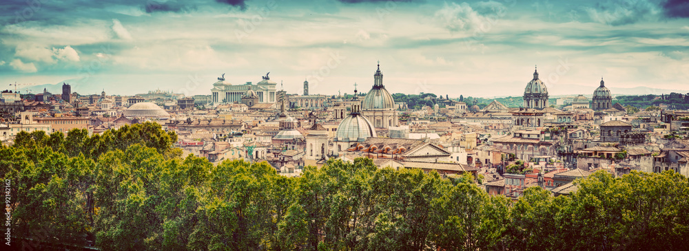 Panorama of the ancient city of Rome, Italy. Vintage - obrazy, fototapety, plakaty 