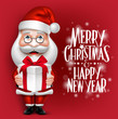 © AmazeinDesign - 3D Realistic Santa Claus Cartoon Character Holding Christmas Gift in a Red Background with Title. Detailed Vector Illustration
