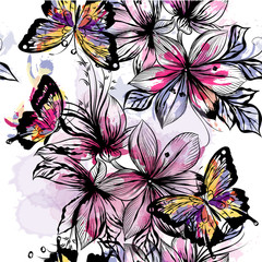 Fototapete - Floral seamless wallpaper pattern with engraved flowers and wate