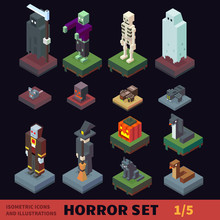 Isometric Horror Vector Flat Illustration Set. Halloween. Characters And Animals: Witch, Skull, Vampire, Zombie, Skeleton, Wraith, Ghost, Pumpkin, Black Cat, Cobra, Viper, Death.