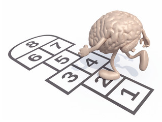 Human brain with arms and legs play hopscotch