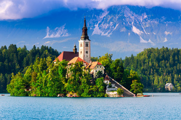 Poster - Bled with lake, island, castle and mountains