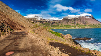 Wall Mural - Road in the mountains above the Arctic sea, Iceland