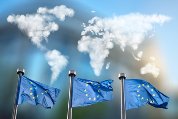 Wall Mural - Flags of European Union with clouds map