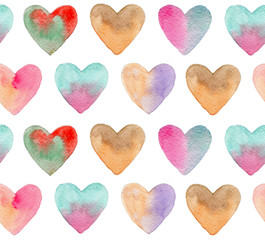 Seamless pattern with watercolor colorful hearts