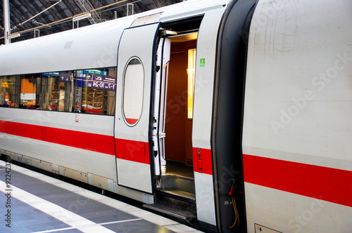 Cuadros en Lienzo Tren en la estación de tren con puerta abierta