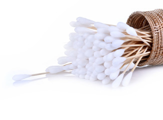 Wood, cotton buds isolated on white background