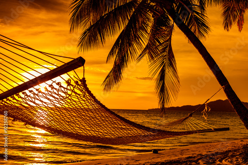 Photo Silhouette of hammock and palm trees on a beach at sunset