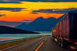 Truck traveling on the road at sunset.