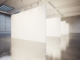 Mock up of empty gallery interior with white canvas and bricks